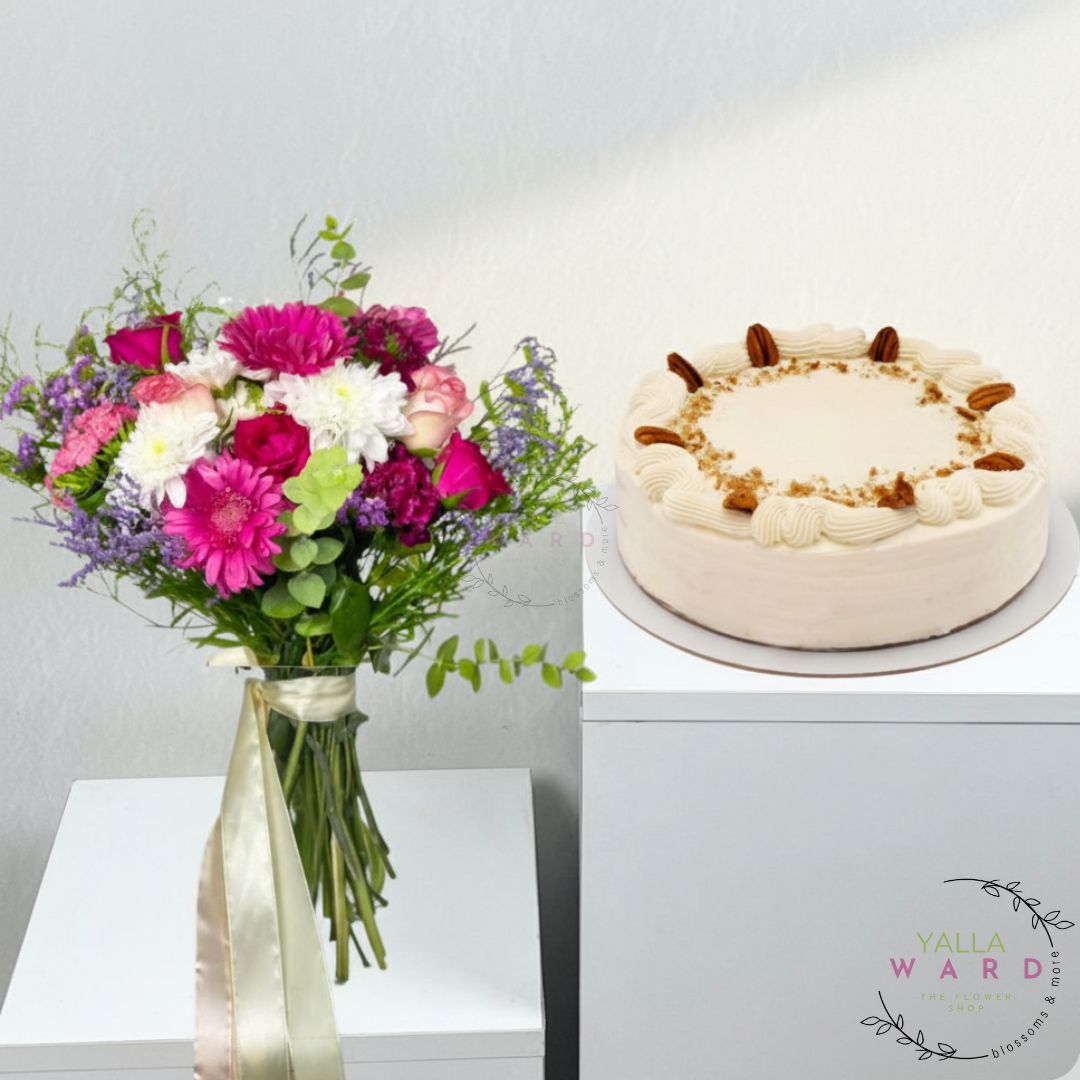 Bouquet of flowers and a cake on a white background with 'Yalla Ward' branding.