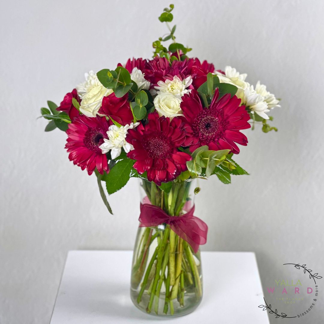 red and white flowers in a clear vase on a white surface with a light gray background.