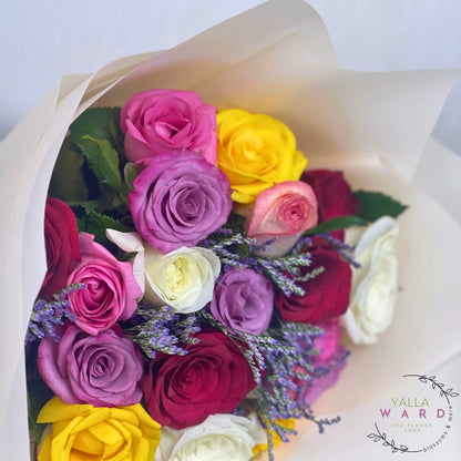 Bouquet of colorful roses with a visible brand logo on a white background