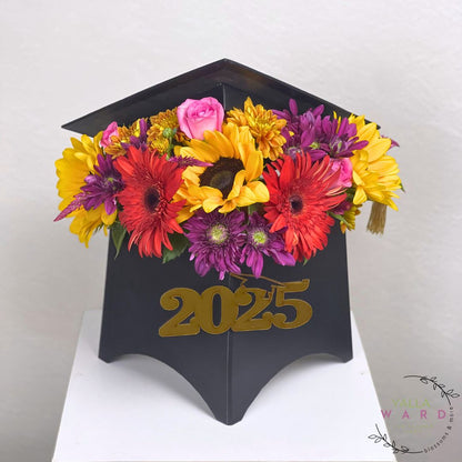 Graduation cap with colorful flowers and '2025' on a white background