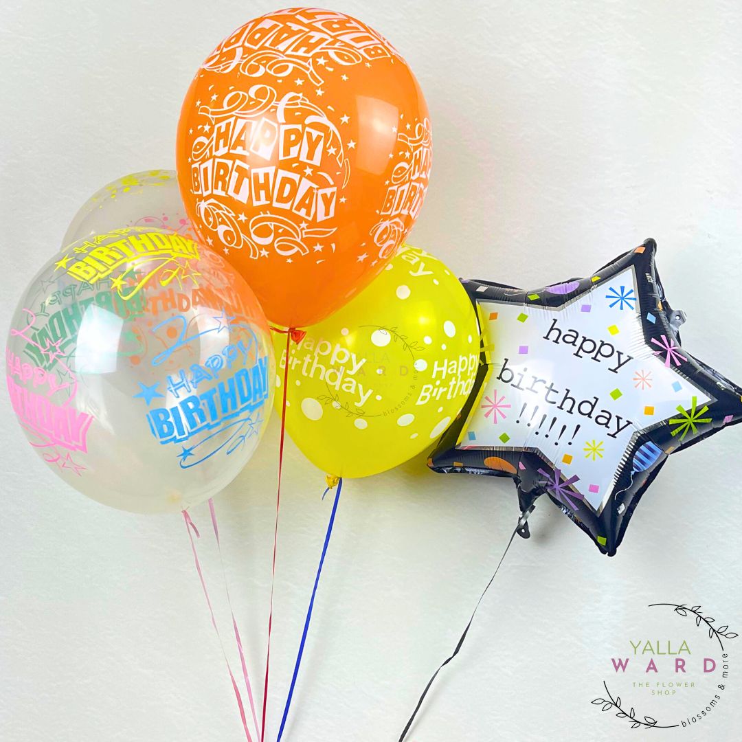 Colorful 'Happy Birthday' balloons on a white background with 'Yalla Ward' branding.