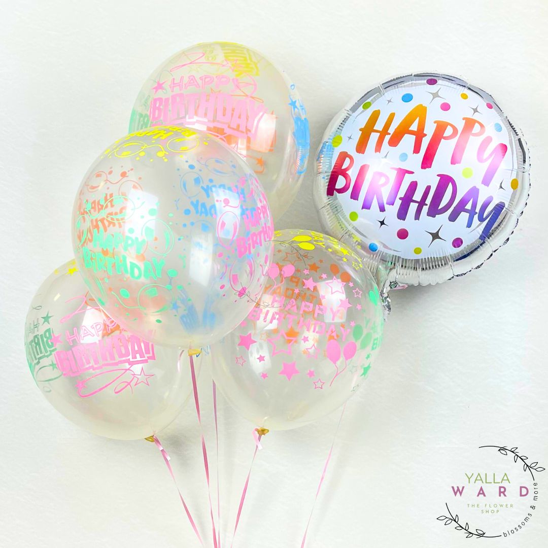 Clear balloons with colorful 'Happy Birthday' text and a silver balloon with similar text on a white background.