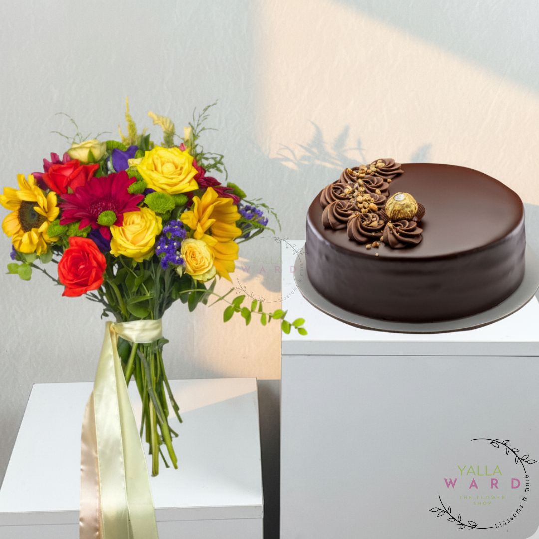 Bouquet of flowers and chocolate cake on a white surface with a light gray background